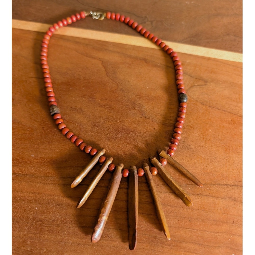 Vintage 70s Terracotta Wood Bead & Carved Bone Spike Choker Necklace 16"